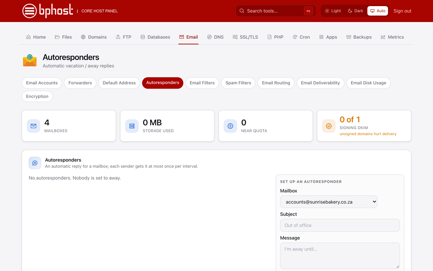The Autoresponders page in CHPanel
