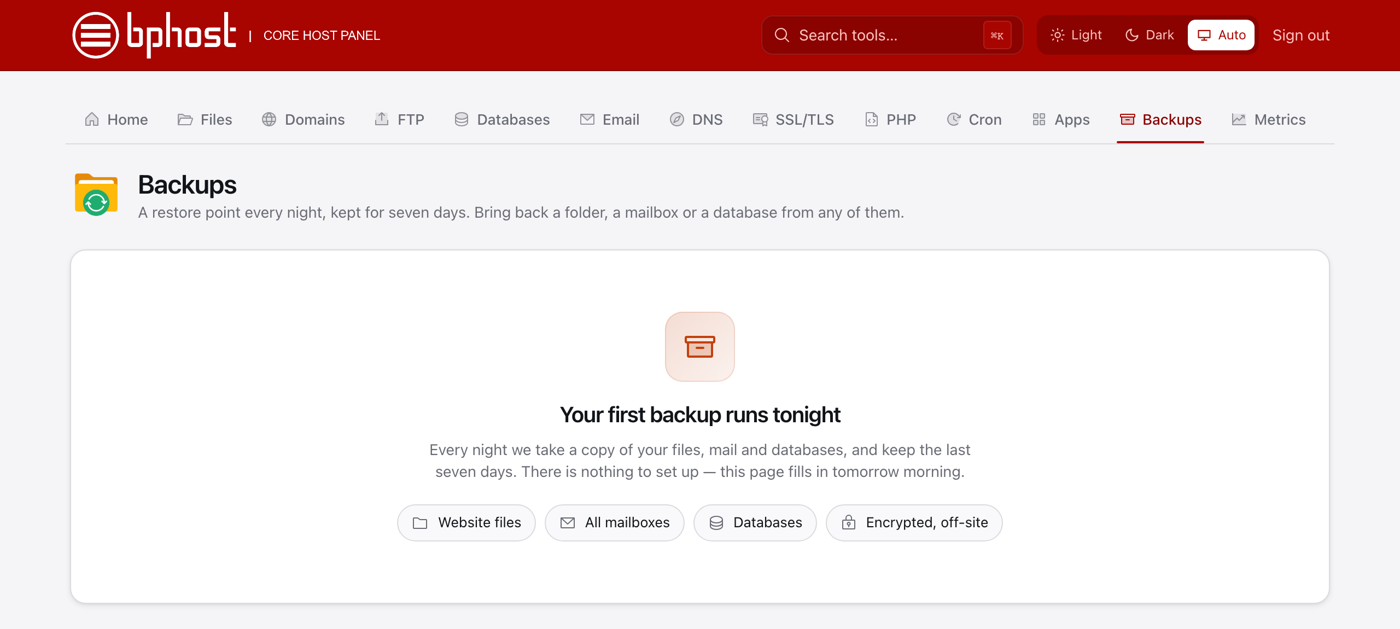 The Backups page in CHPanel listing nightly restore points