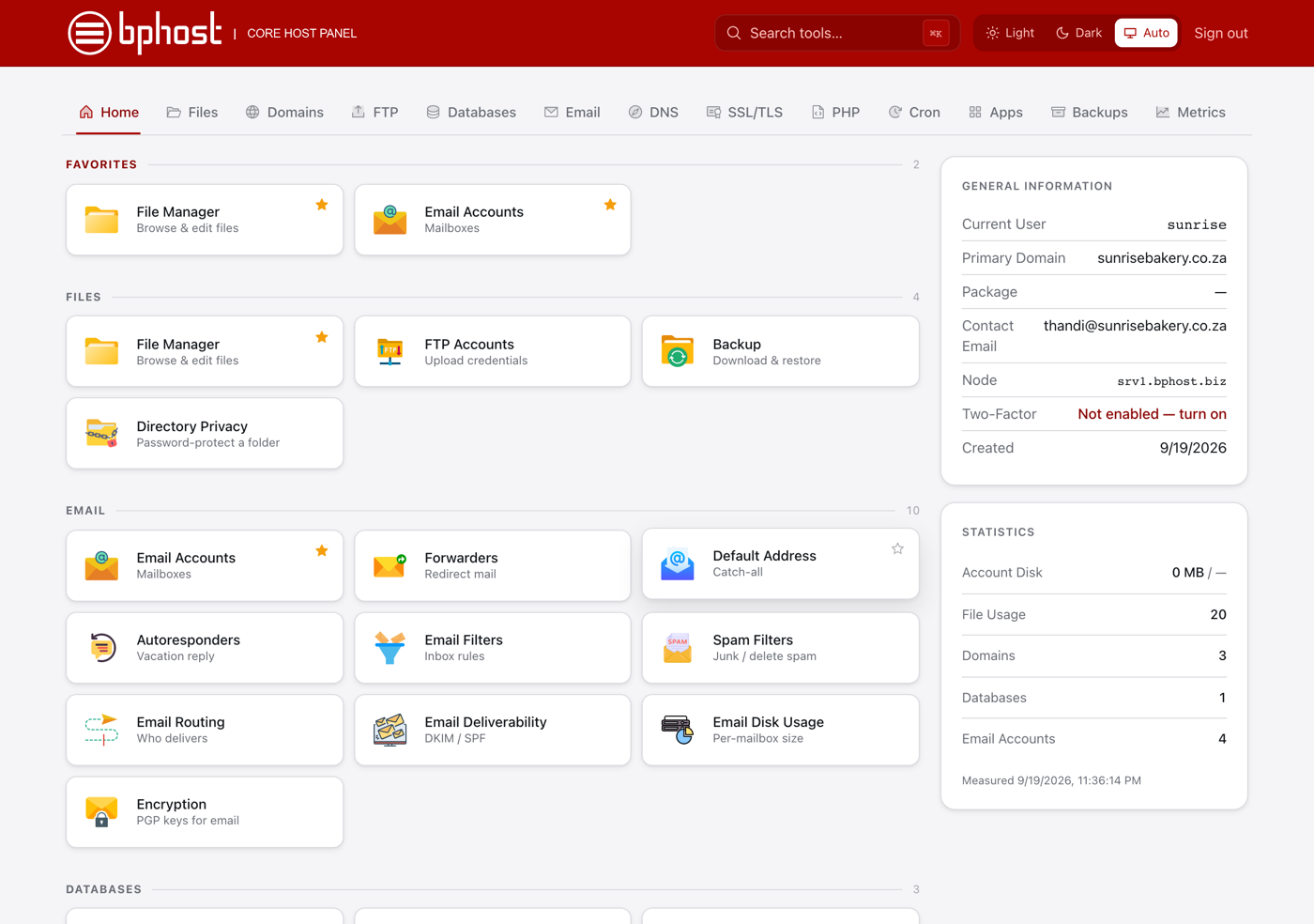 The CHPanel home page: tool tiles grouped as Files, Email, Databases, Domains, Security, Software and Advanced