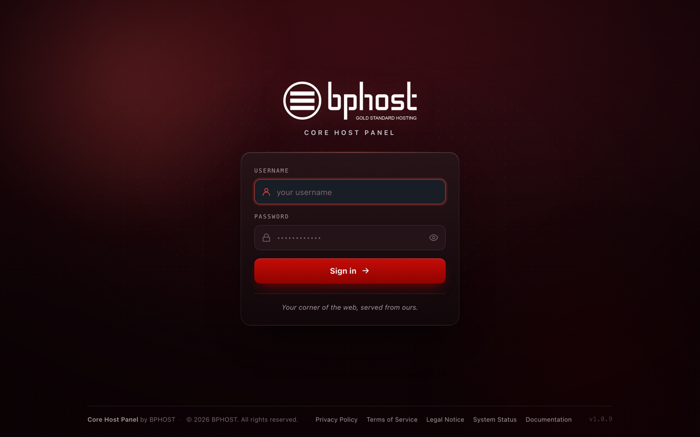 The CHPanel sign-in page at chpanel.bphost.biz