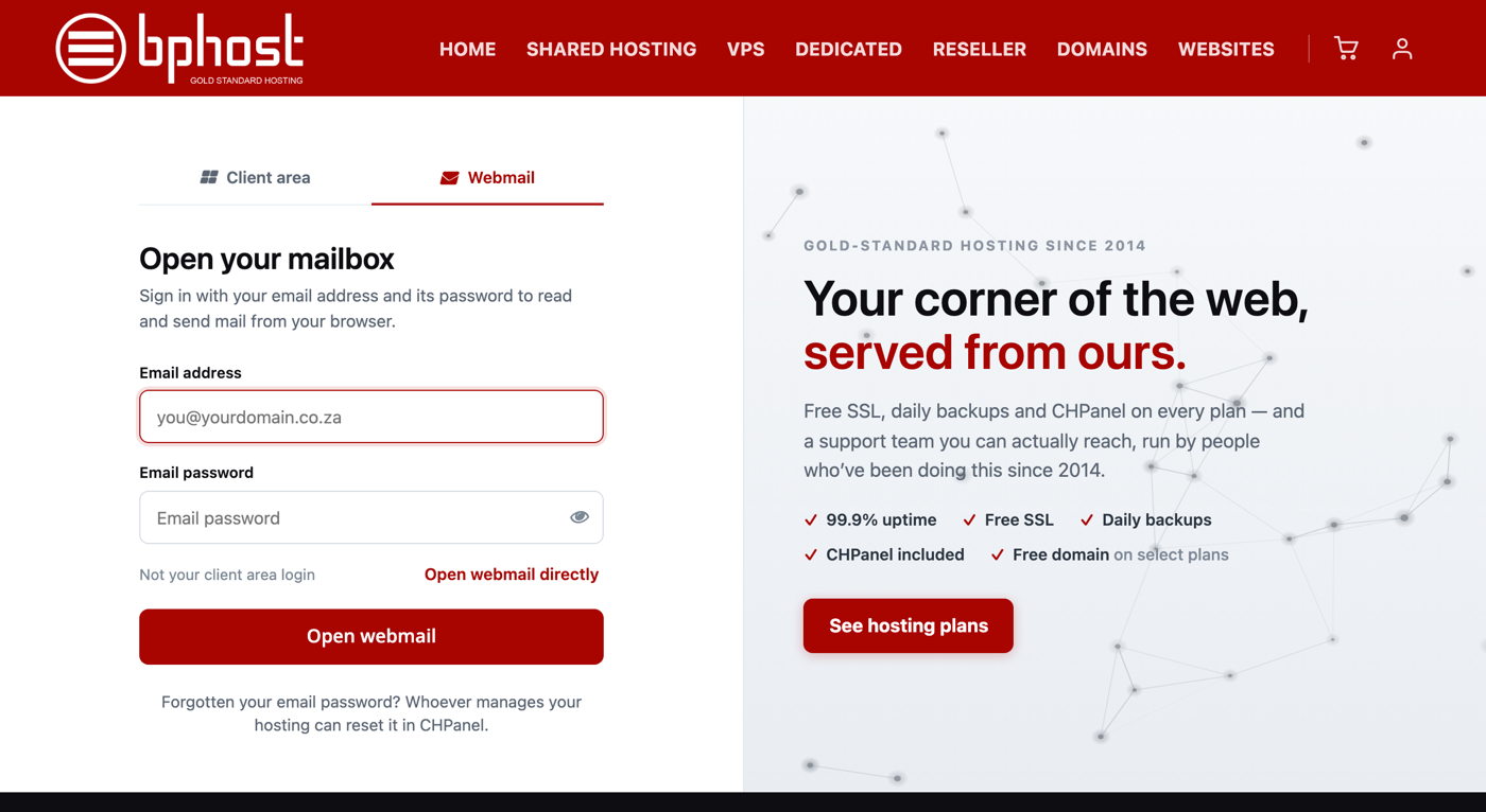 The Webmail tab on the BPHOST client-area login page