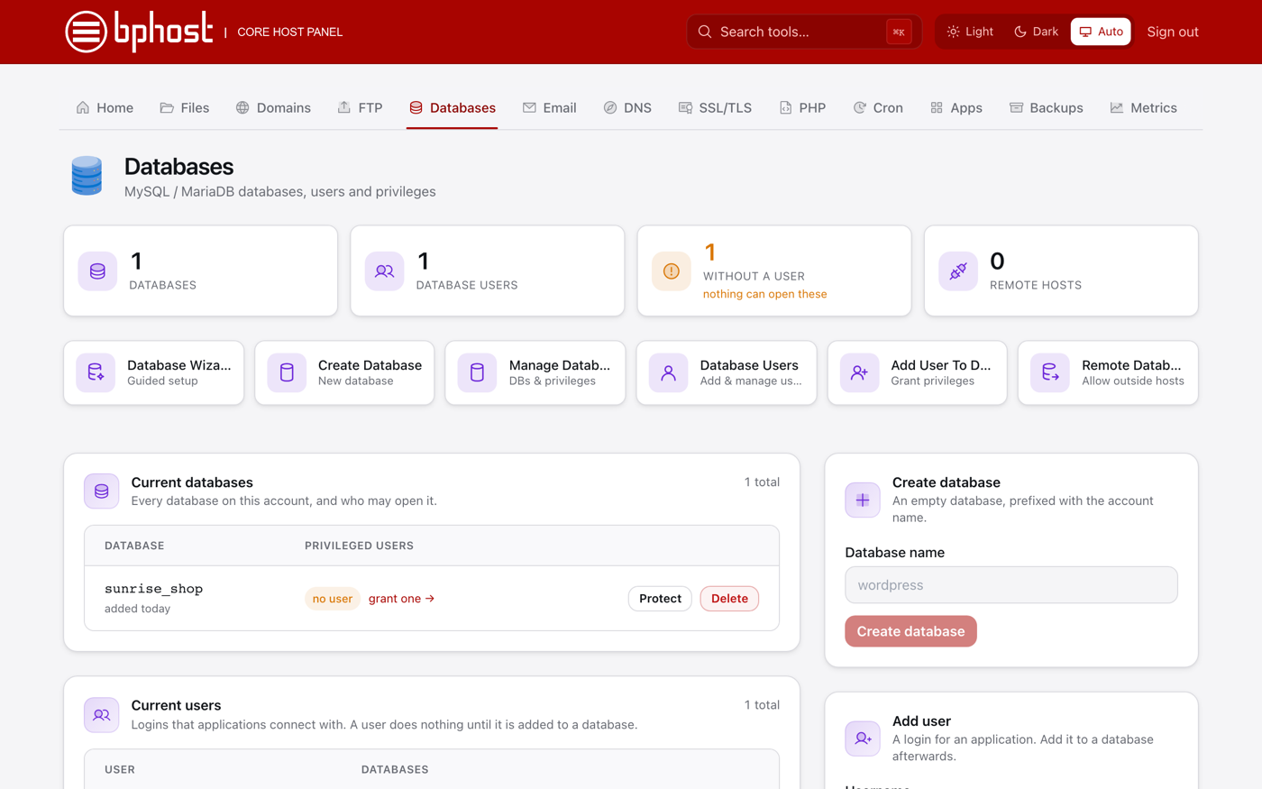 The Databases tab in CHPanel