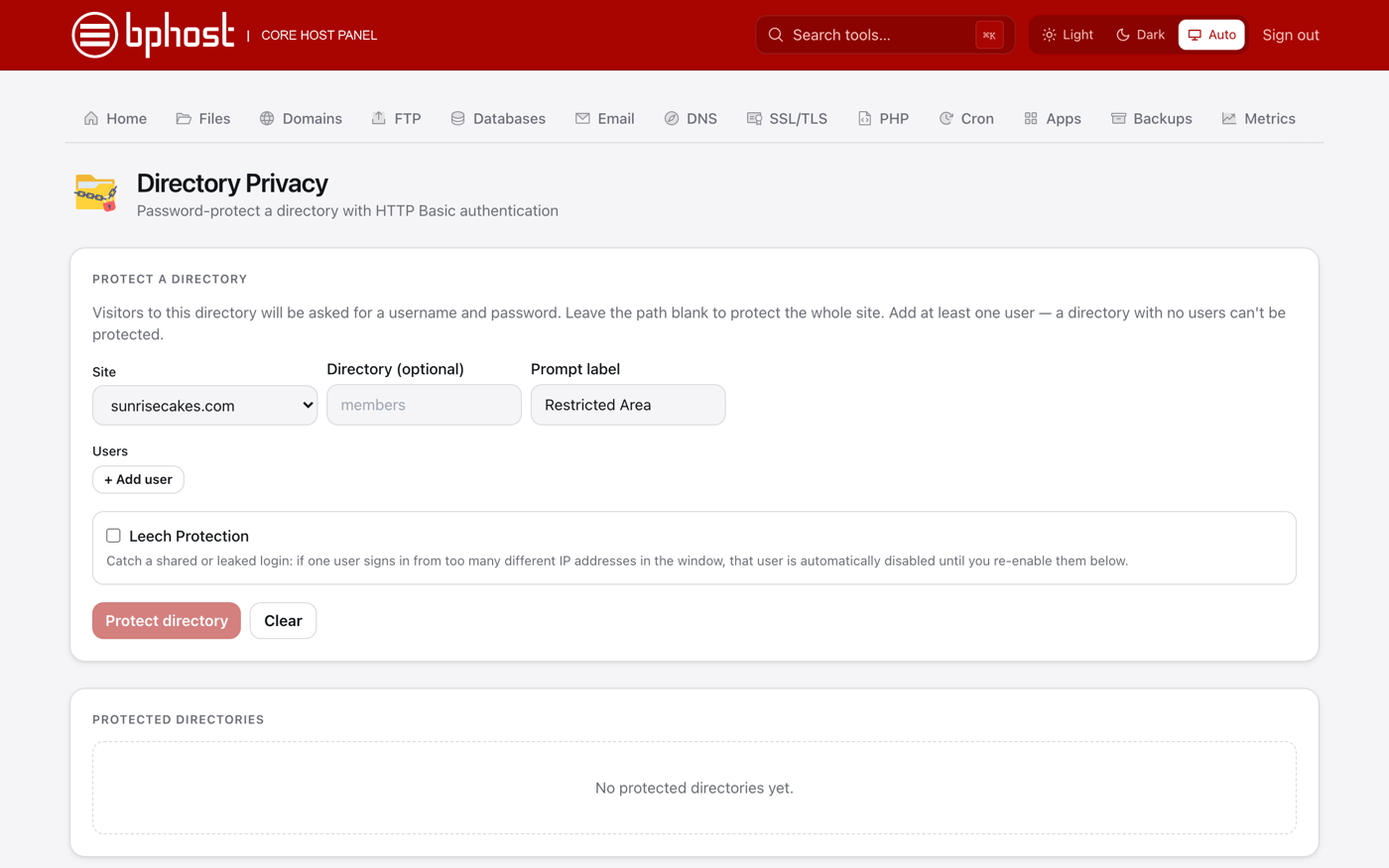 The Directory Privacy page in CHPanel