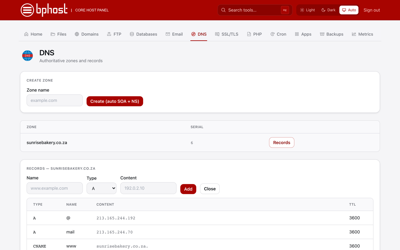 The Zone Editor in CHPanel showing a domain's DNS records