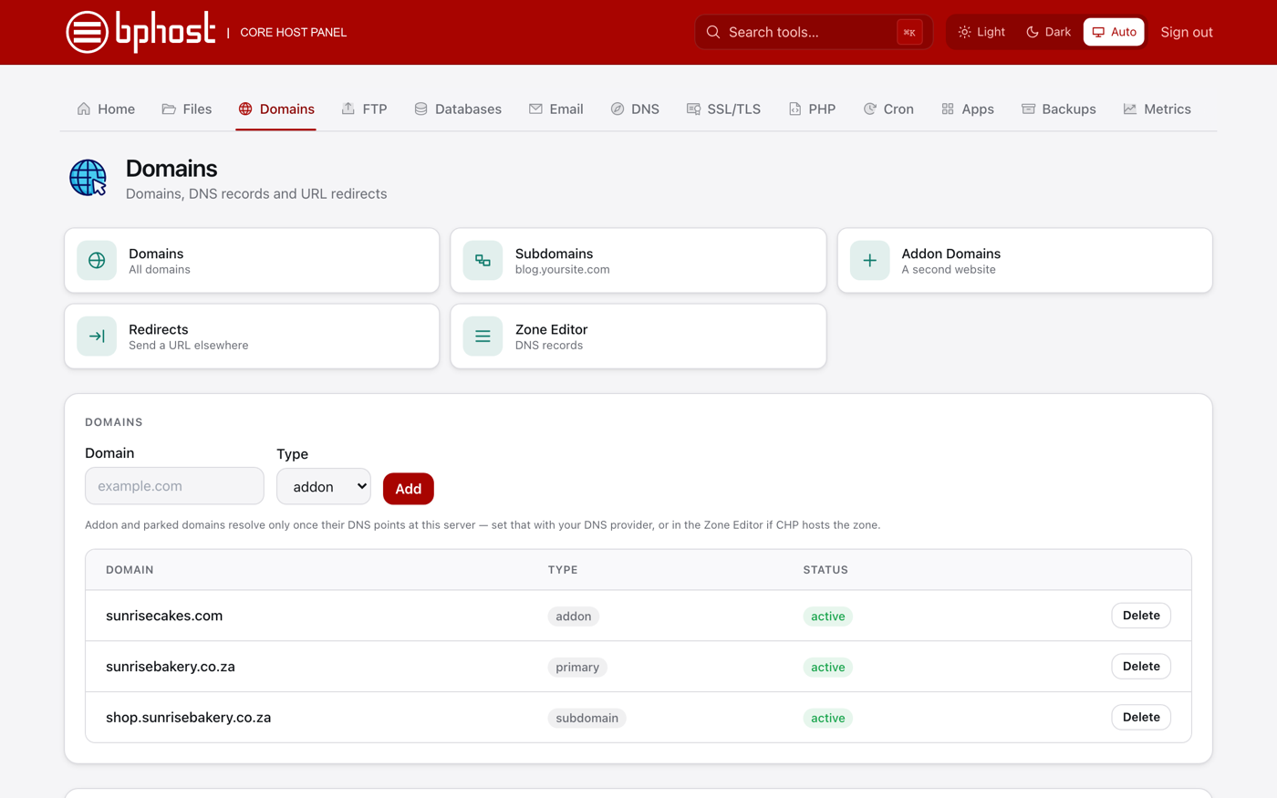 The Domains tab in CHPanel