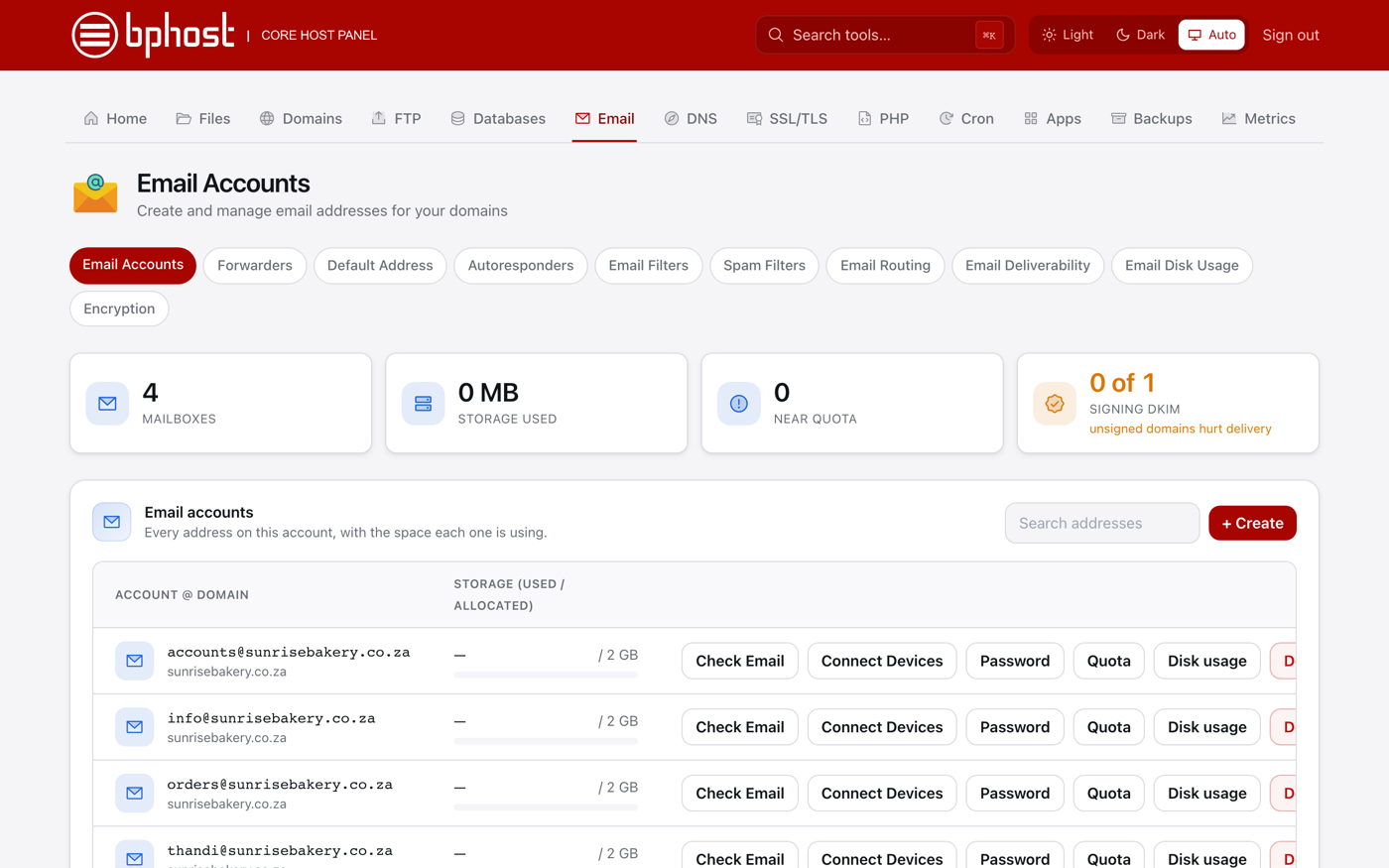 The Email Accounts page in CHPanel