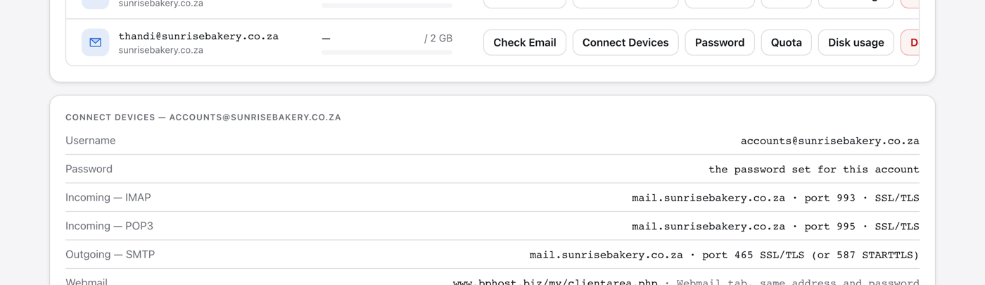 The Connect Devices settings for a mailbox in CHPanel
