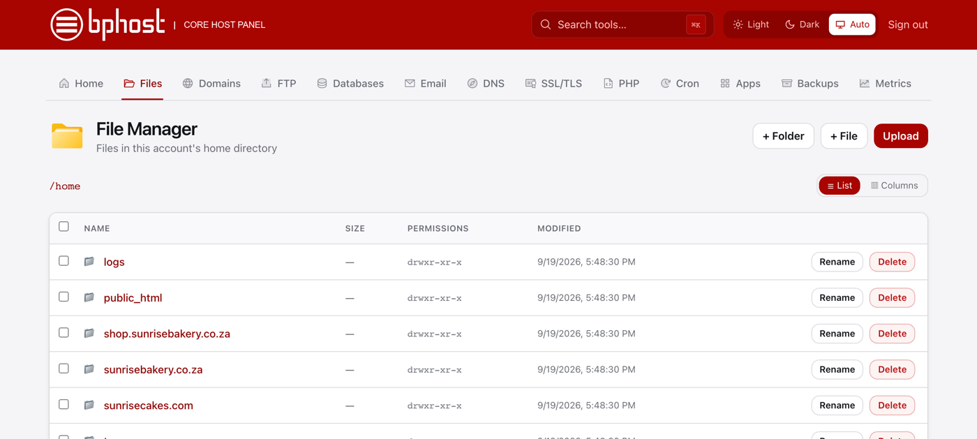 CHPanel File Manager showing the public_html folder