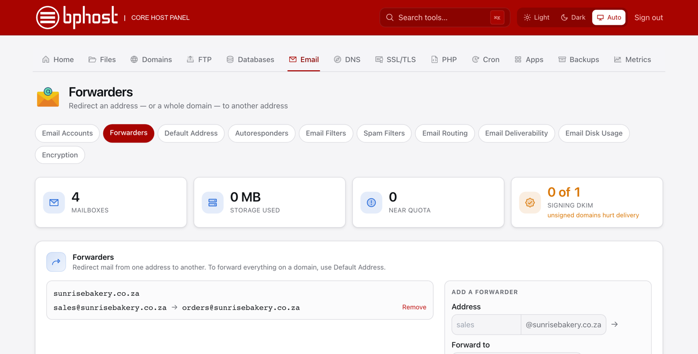 The Forwarders page in CHPanel