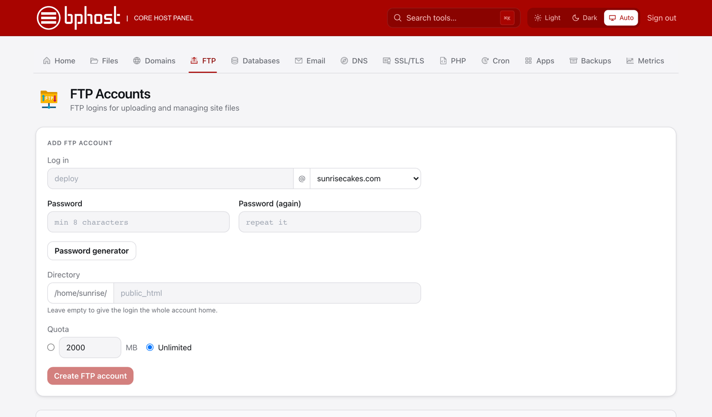The FTP Accounts page in CHPanel