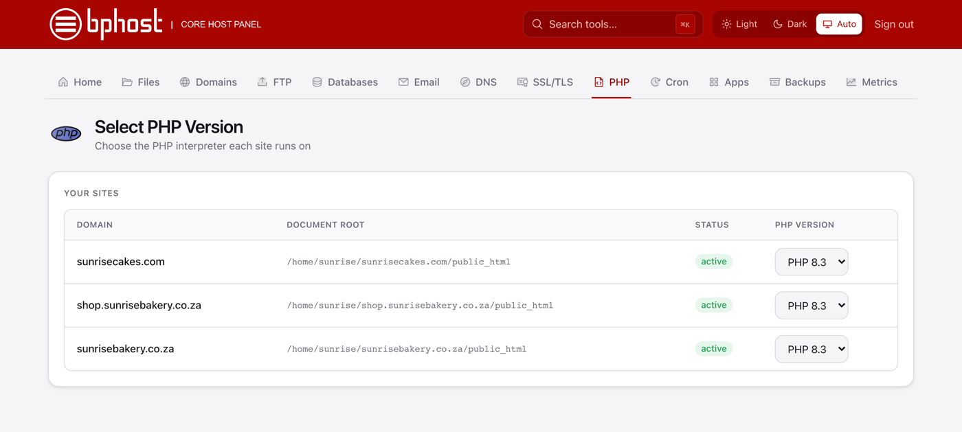 The Select PHP Version table in CHPanel
