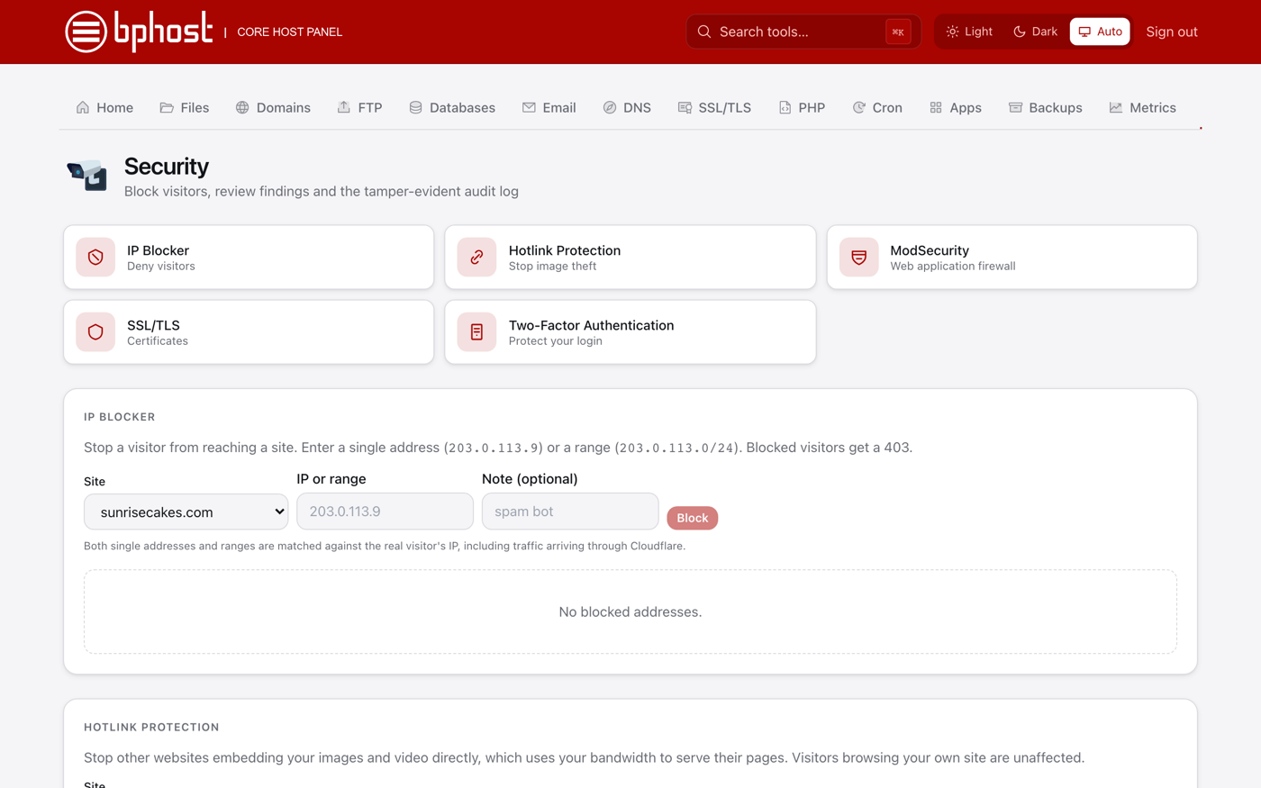 The Security tab in CHPanel