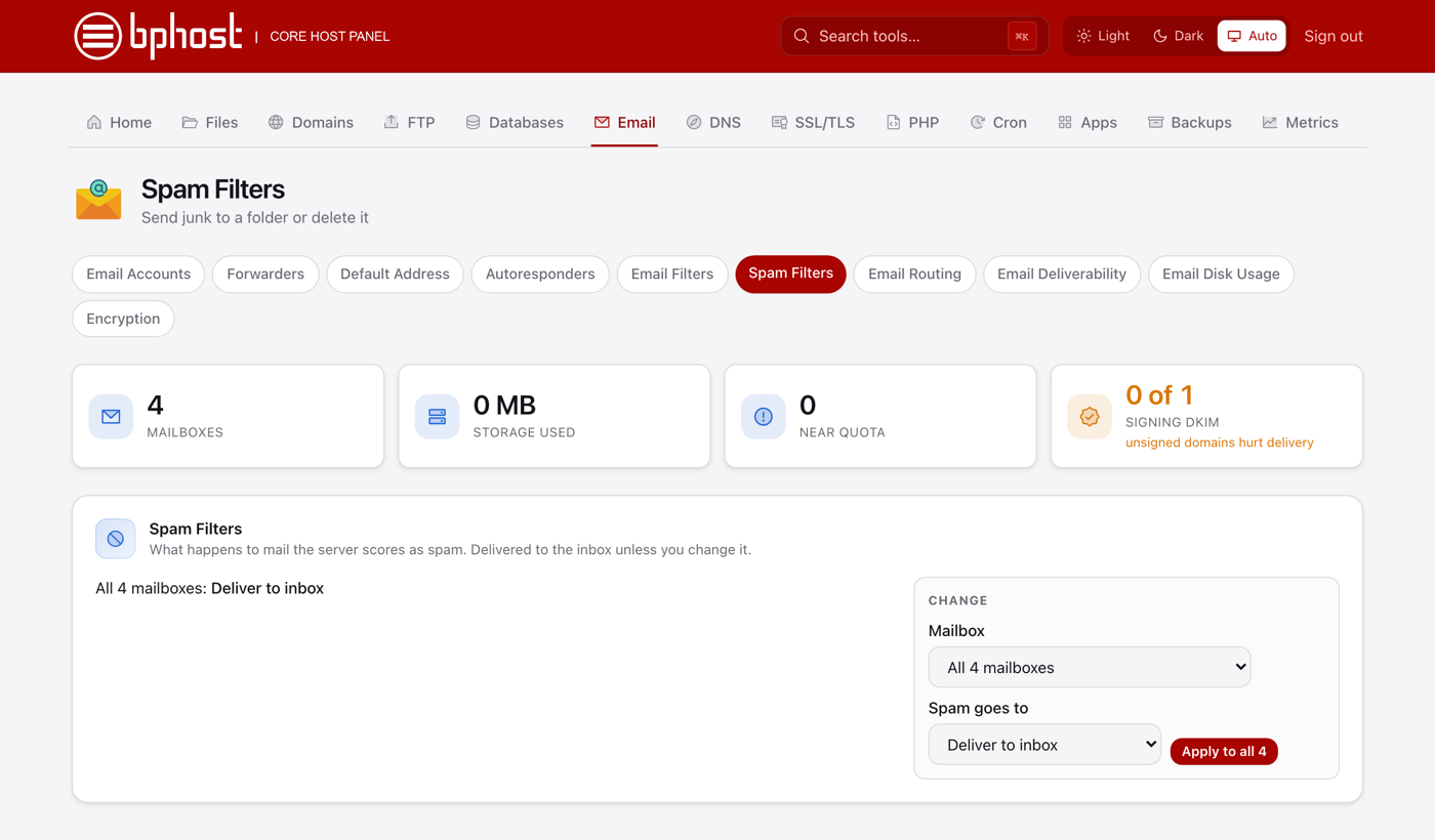 The Spam Filters page in CHPanel