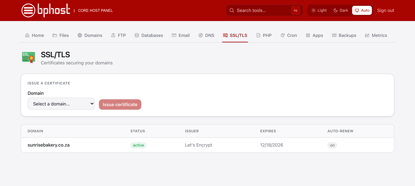 The SSL/TLS page in CHPanel